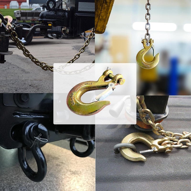 V-chen 3/8" Clevis Slip Hook, 4 Pack Forged G70 Steel Clevis Hook with Safety Latch for Deck Hauler Receiver Hitches Trailer Wiring, Chain Hooks Solid Clevis Grab Hooks for Trailer(18,000lbs Capacity) - Image 5